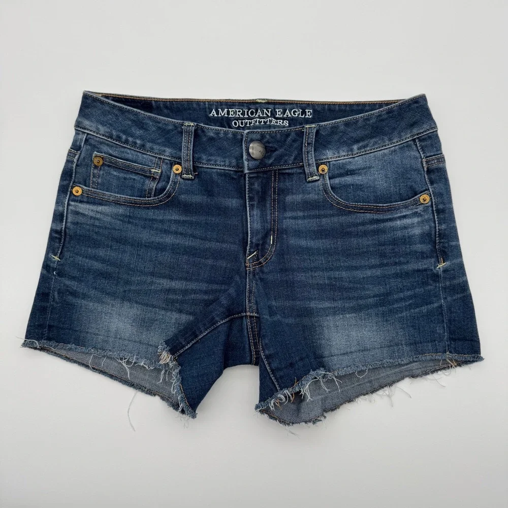 American Eagle Super Stretch Shortie Denim Shorts Dark Wash Cutoff Size‎ 4